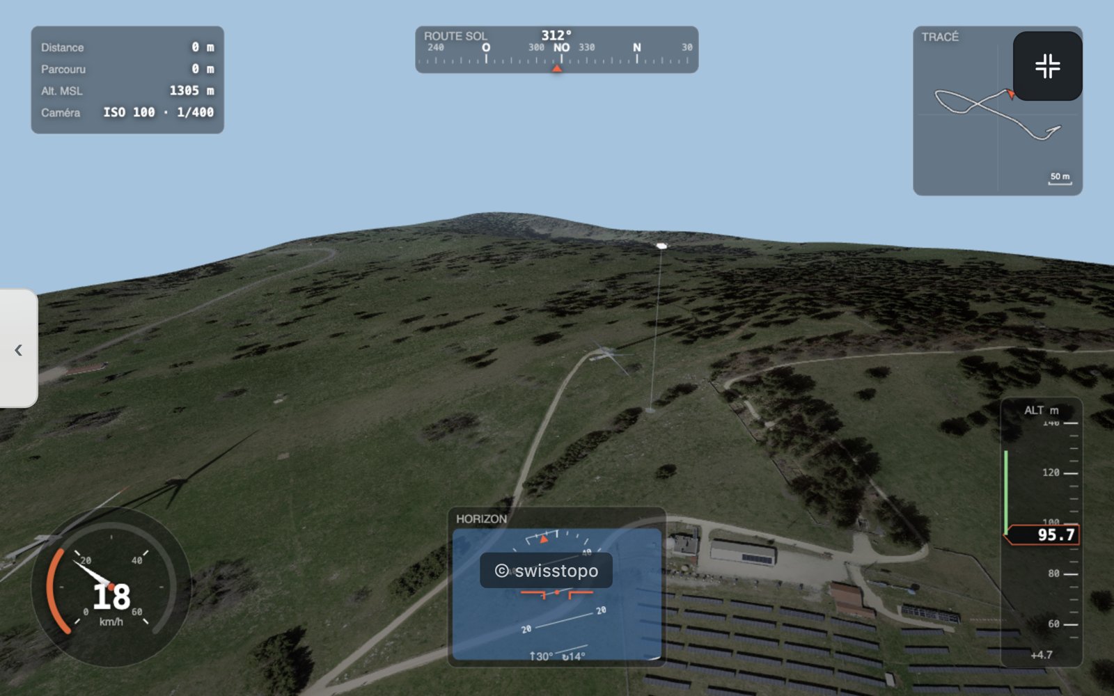 Vue 3D de la trajectoire sur relief