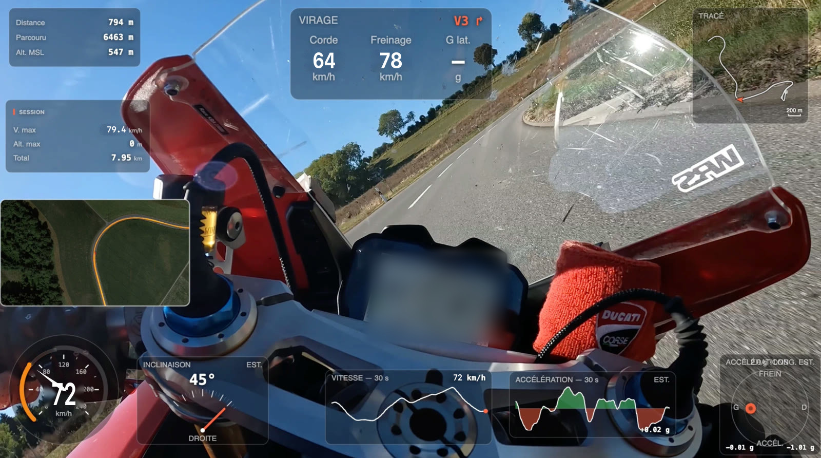 Vidéo GoPro d’une Ducati Panigale avec vitesse, inclinaison et virages incrustés